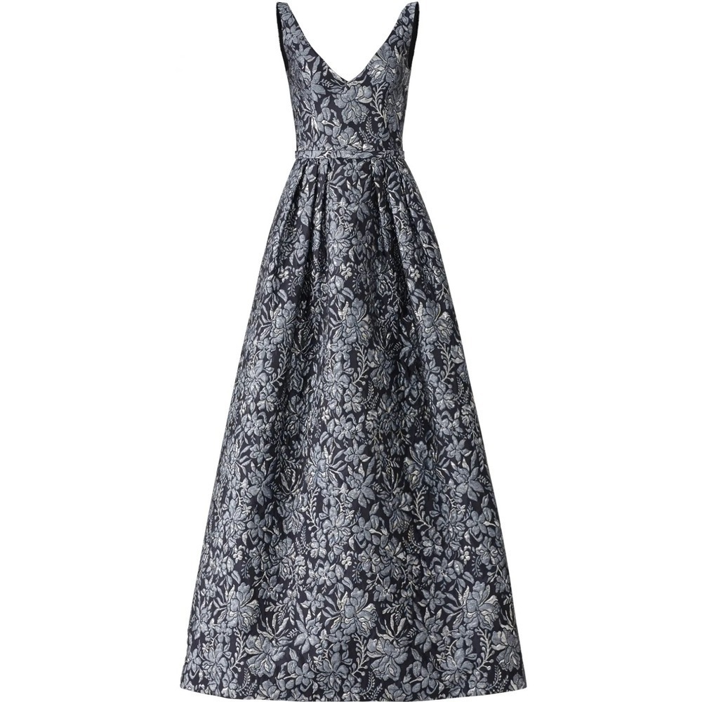Theia Floral Slate Ball Gown Womens 10 Silver Blue Brocade Maxi Formal Evening - Picture 4 of 12